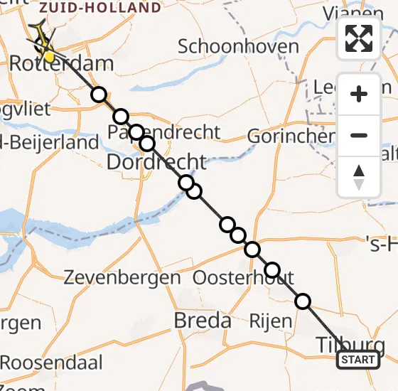 Vlucht Traumahelikopter PH-UMC van Tilburg naar Rotterdam The Hague Airport op zaterdag 4 januari 2025 21:57