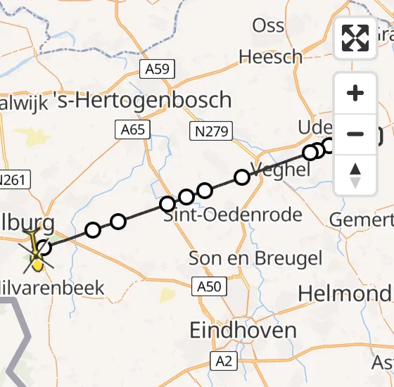 Vlucht Traumahelikopter PH-DOC van Vliegbasis Volkel naar Hilvarenbeek op zondag 5 januari 2025 14:45