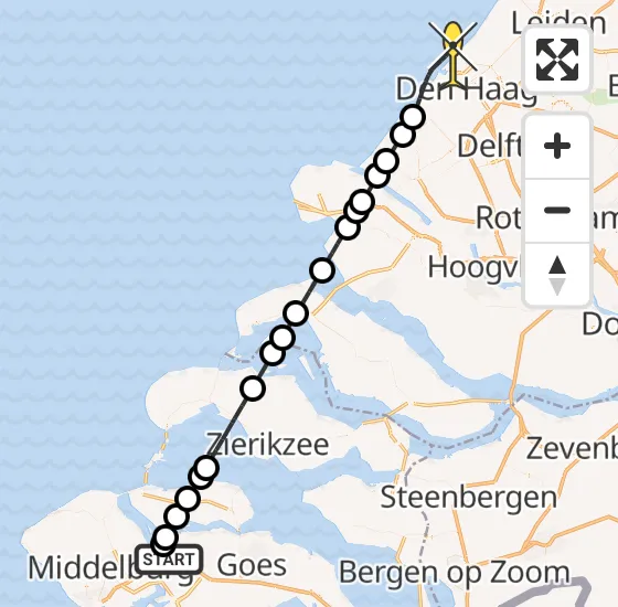 Vlucht Kustwachthelikopter PH-SAR van Vliegveld Midden-Zeeland naar Den Haag op maandag 6 januari 2025 19:51