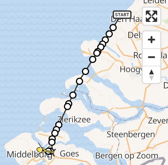 Vlucht Kustwachthelikopter PH-SAR van Den Haag naar Vliegveld Midden-Zeeland op maandag 6 januari 2025 21:25