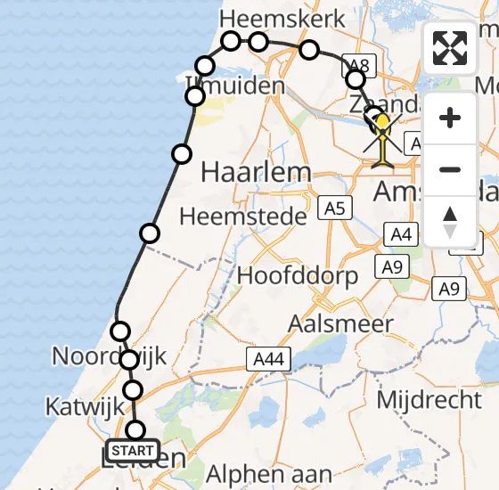 Vlucht Traumahelikopter PH-LLN van Leiden naar Amsterdam Heliport op donderdag 9 januari 2025 12:47