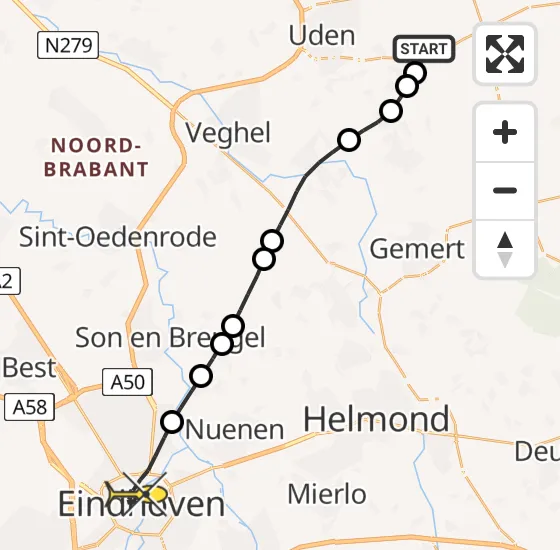 Vlucht Traumahelikopter PH-HVB van Vliegbasis Volkel naar Eindhoven op zondag 9 februari 2025 4:07
