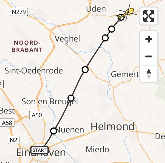 Vlucht Traumahelikopter PH-HVB van Eindhoven naar Vliegbasis Volkel op zondag 9 februari 2025 4:40