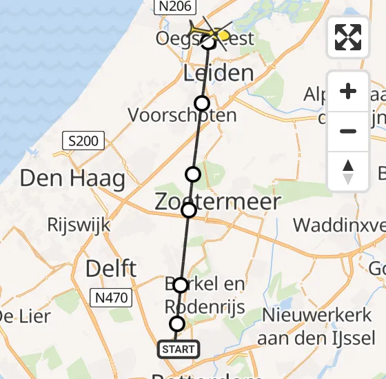 Vlucht Traumahelikopter PH-UMC van Rotterdam The Hague Airport naar Oegstgeest op maandag 17 februari 2025 22:07