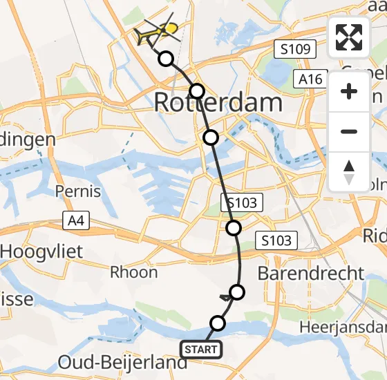 Vlucht Traumahelikopter PH-UMC van Heinenoord naar Rotterdam The Hague Airport op woensdag 2 april 2025 19:18