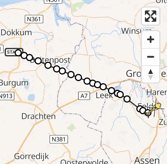 Vlucht Traumahelikopter PH-HVB van Broeksterwâld naar Groningen Airport Eelde op donderdag 3 april 2025 19:27