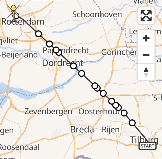 Vlucht Traumahelikopter PH-UMC van Tilburg naar Rotterdam The Hague Airport op zaterdag 5 april 2025 12:25