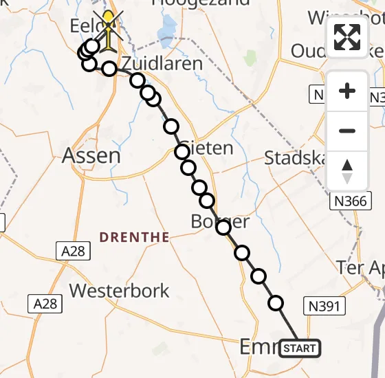 Vlucht Traumahelikopter PH-HVB van Emmen naar Groningen Airport Eelde op maandag 7 april 2025 18:34