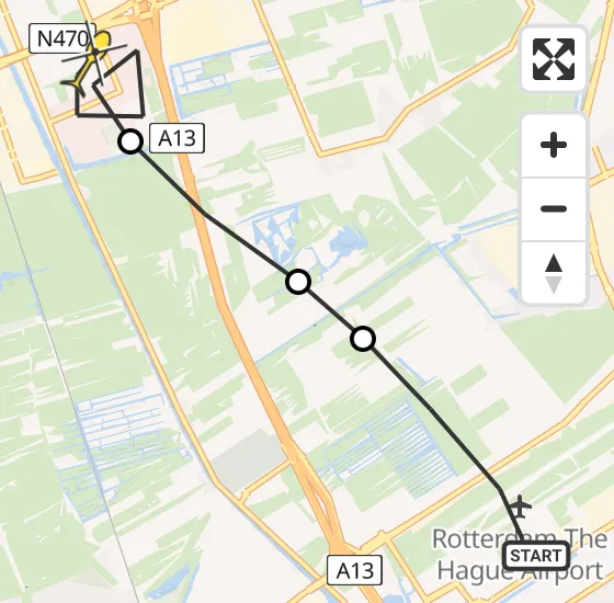 Vlucht Traumahelikopter PH-UMC van Rotterdam The Hague Airport naar Delft op maandag 5 mei 2025 13:42