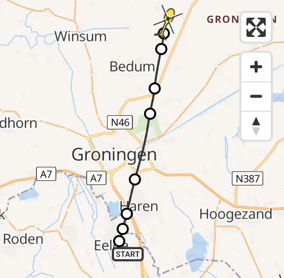 Vlucht Traumahelikopter PH-HVB van Groningen Airport Eelde naar Middelstum op woensdag 7 mei 2025 18:08
