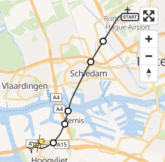 Vlucht Traumahelikopter PH-UMC van Rotterdam The Hague Airport naar Hoogvliet op vrijdag 9 mei 2025 4:44