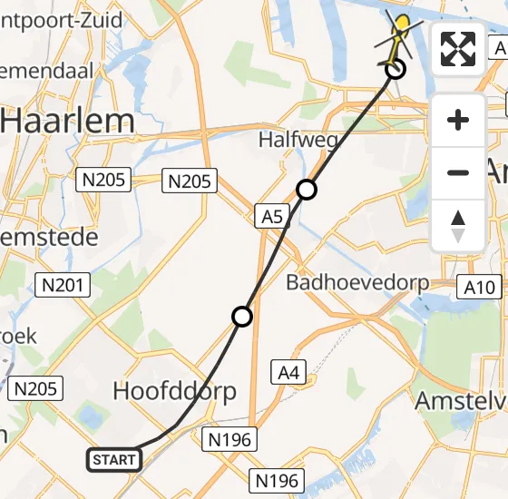 Vlucht Traumahelikopter PH-DOC van Hoofddorp naar Amsterdam Heliport op vrijdag 9 mei 2025 11:41