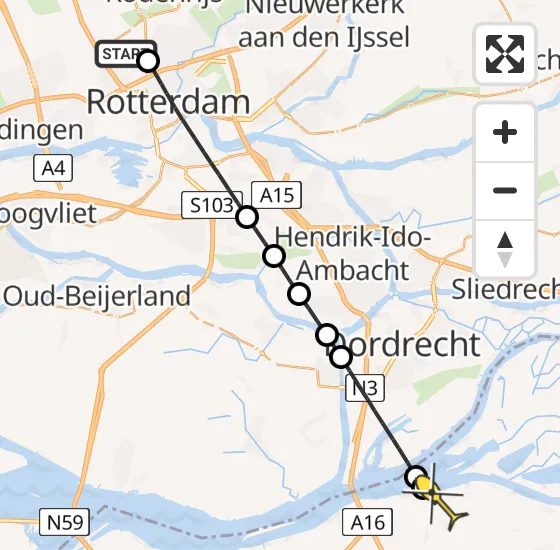 Vlucht Traumahelikopter PH-UMC van Rotterdam The Hague Airport naar Lage Zwaluwe op vrijdag 9 mei 2025 15:33