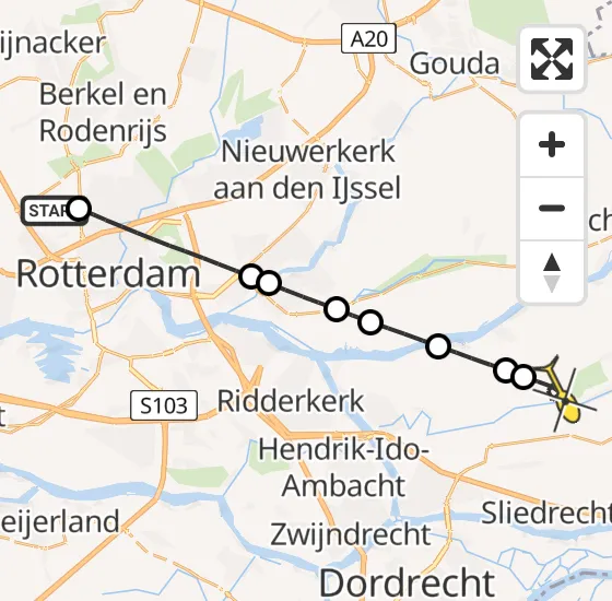 Vlucht Traumahelikopter PH-UMC van Rotterdam The Hague Airport naar Bleskensgraaf ca op zondag 11 mei 2025 2:21