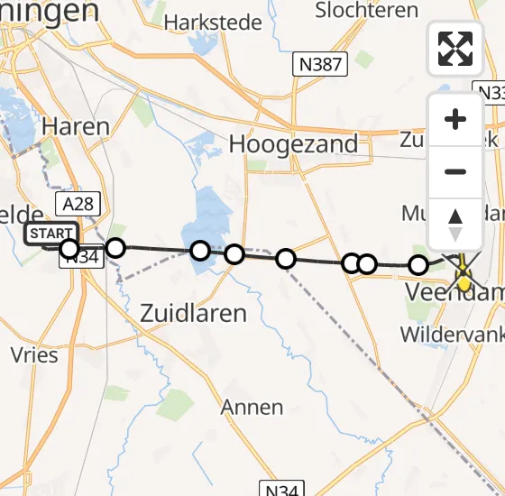 Vlucht Traumahelikopter PH-HVB van Groningen Airport Eelde naar Veendam op maandag 12 mei 2025 1:51