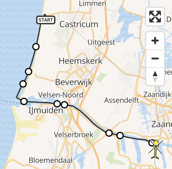Vlucht Traumahelikopter PH-DOC van Castricum naar Amsterdam Heliport op zondag 18 mei 2025 19:33