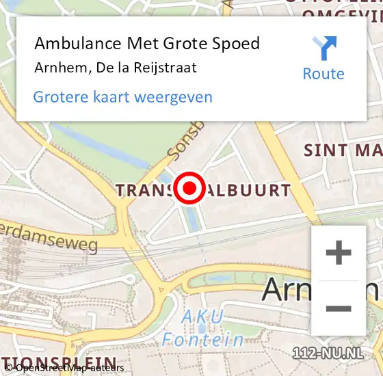 Locatie op kaart van de 112 melding: Ambulance Met Grote Spoed Naar Arnhem, De la Reijstraat op 19 september 2021 03:05
