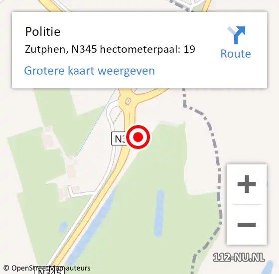 Locatie op kaart van de 112 melding: Politie Zutphen, N345 hectometerpaal: 19 op 17 november 2021 23:38