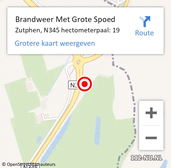 Locatie op kaart van de 112 melding: Brandweer Met Grote Spoed Naar Zutphen, N345 hectometerpaal: 19 op 17 november 2021 23:39