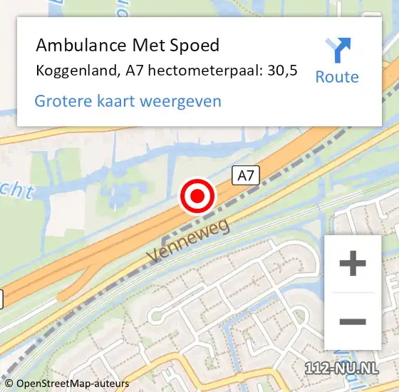 Locatie op kaart van de 112 melding: Ambulance Met Spoed Naar Koggenland, A7 hectometerpaal: 30,5 op 2 januari 2022 21:44