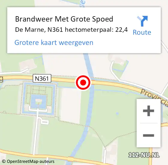 Locatie op kaart van de 112 melding: Brandweer Met Grote Spoed Naar De Marne, N361 hectometerpaal: 22,4 op 7 januari 2022 06:39