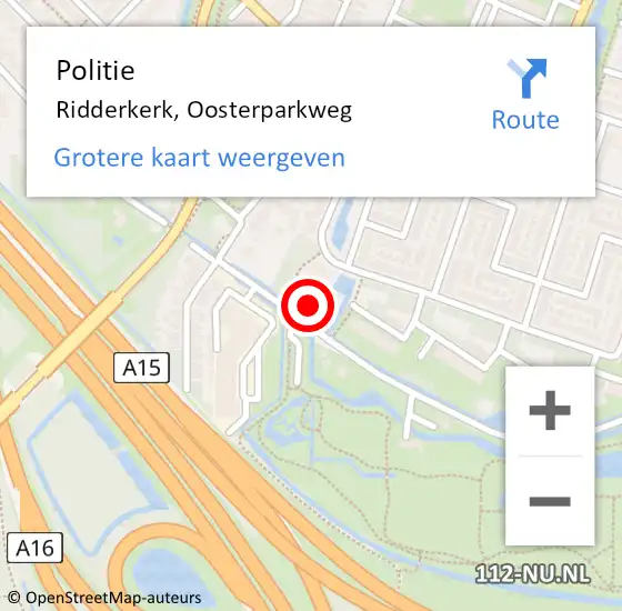 Locatie op kaart van de 112 melding: Politie Ridderkerk, Oosterparkweg op 23 januari 2022 10:17