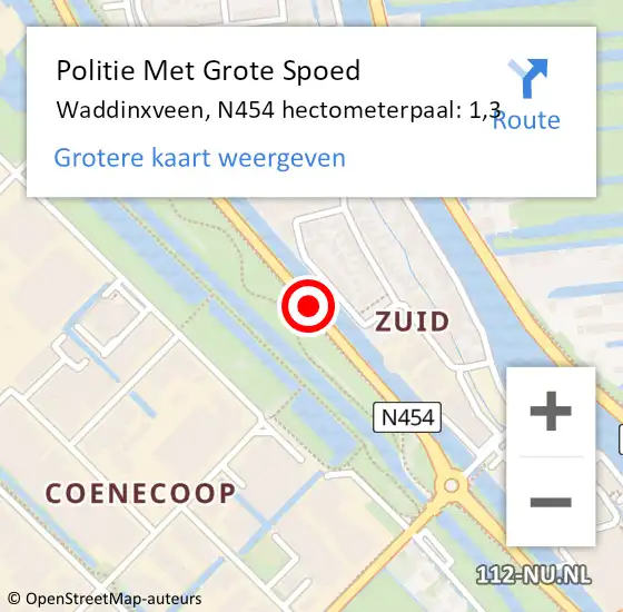 Locatie op kaart van de 112 melding: Politie Met Grote Spoed Naar Waddinxveen, N454 hectometerpaal: 1,3 op 31 januari 2022 23:30