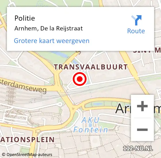 Locatie op kaart van de 112 melding: Politie Arnhem, De la Reijstraat op 6 februari 2022 11:45