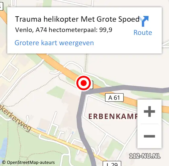 Locatie op kaart van de 112 melding: Trauma helikopter Met Grote Spoed Naar Venlo, A74 hectometerpaal: 99,9 op 7 februari 2022 16:16