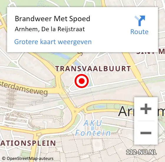 Locatie op kaart van de 112 melding: Brandweer Met Spoed Naar Arnhem, De la Reijstraat op 21 februari 2022 16:57