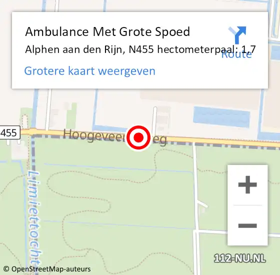 Locatie op kaart van de 112 melding: Ambulance Met Grote Spoed Naar Alphen aan den Rijn, N455 hectometerpaal: 1,7 op 2 maart 2022 15:53