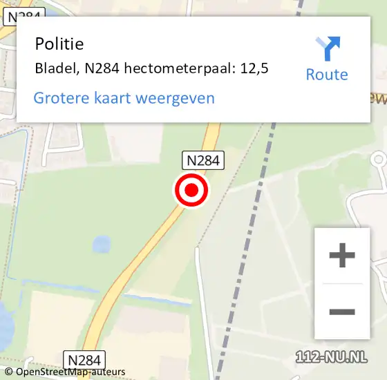 Locatie op kaart van de 112 melding: Politie Bladel, N284 hectometerpaal: 12,5 op 26 maart 2022 16:08