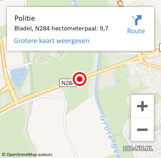 Locatie op kaart van de 112 melding: Politie Bladel, N284 hectometerpaal: 9,7 op 2 april 2022 00:11