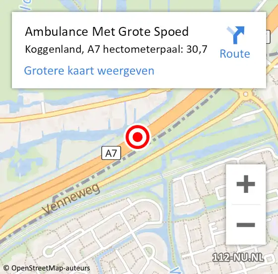 Locatie op kaart van de 112 melding: Ambulance Met Grote Spoed Naar Koggenland, A7 hectometerpaal: 30,7 op 12 mei 2022 08:57