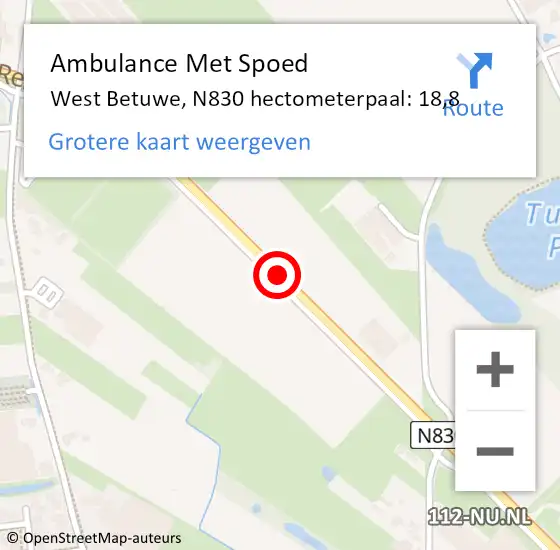 Locatie op kaart van de 112 melding: Ambulance Met Spoed Naar West Betuwe, N830 hectometerpaal: 18,8 op 22 mei 2022 22:18