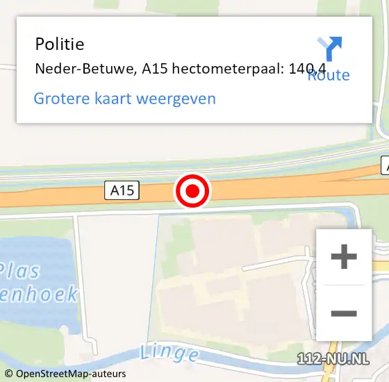Locatie op kaart van de 112 melding: Politie Neder-Betuwe, A15 hectometerpaal: 140,4 op 3 juli 2022 14:16
