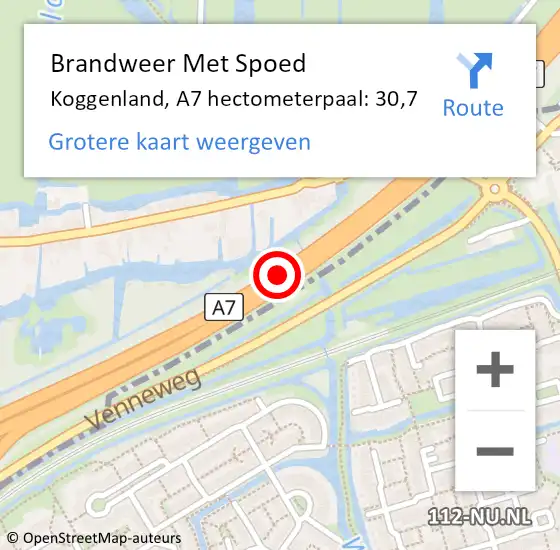 Locatie op kaart van de 112 melding: Brandweer Met Spoed Naar Koggenland, A7 hectometerpaal: 30,7 op 5 juli 2022 19:40