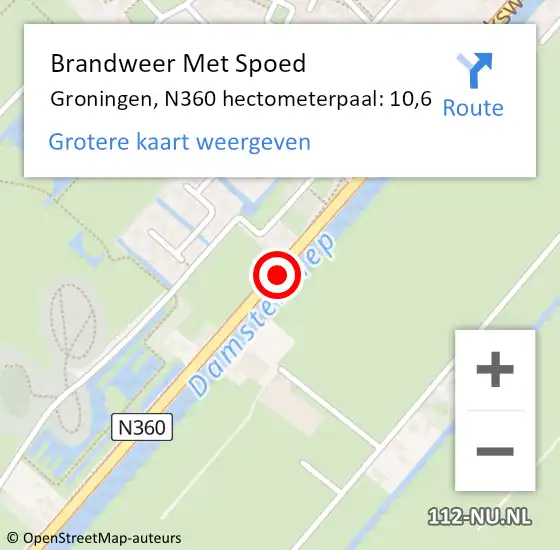Locatie op kaart van de 112 melding: Brandweer Met Spoed Naar Groningen, N360 hectometerpaal: 10,6 op 10 juli 2022 20:36