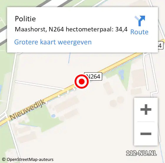 Locatie op kaart van de 112 melding: Politie Maashorst, N264 hectometerpaal: 34,4 op 14 juli 2022 17:16
