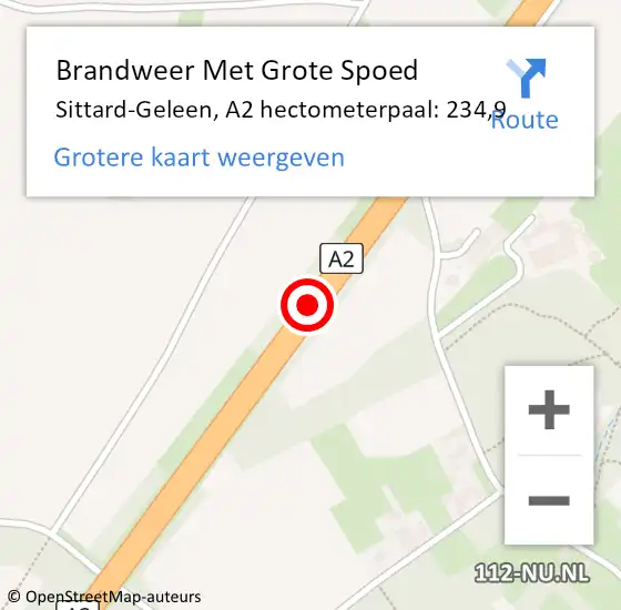 Locatie op kaart van de 112 melding: Brandweer Met Grote Spoed Naar Sittard-Geleen, A2 hectometerpaal: 234,9 op 20 juli 2022 19:09