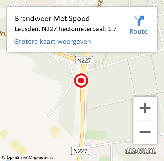 Locatie op kaart van de 112 melding: Brandweer Met Spoed Naar Leusden, N227 hectometerpaal: 1,7 op 9 augustus 2022 20:52