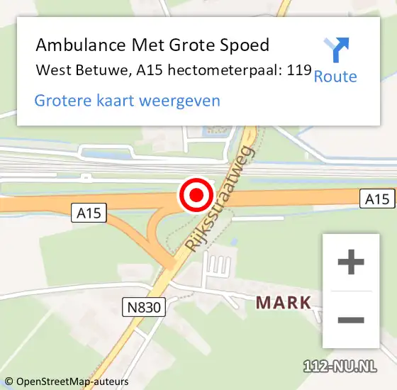 Locatie op kaart van de 112 melding: Ambulance Met Grote Spoed Naar West Betuwe, A15 hectometerpaal: 119 op 14 augustus 2022 01:33