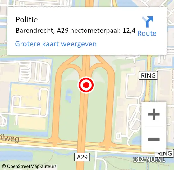 Locatie op kaart van de 112 melding: Politie Barendrecht, A29 hectometerpaal: 12,4 op 14 augustus 2022 01:51