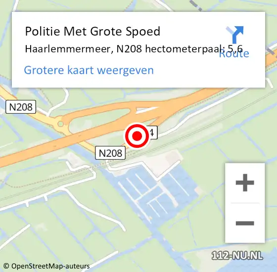 Locatie op kaart van de 112 melding: Politie Met Grote Spoed Naar Haarlemmermeer, N208 hectometerpaal: 5,6 op 23 augustus 2022 09:02