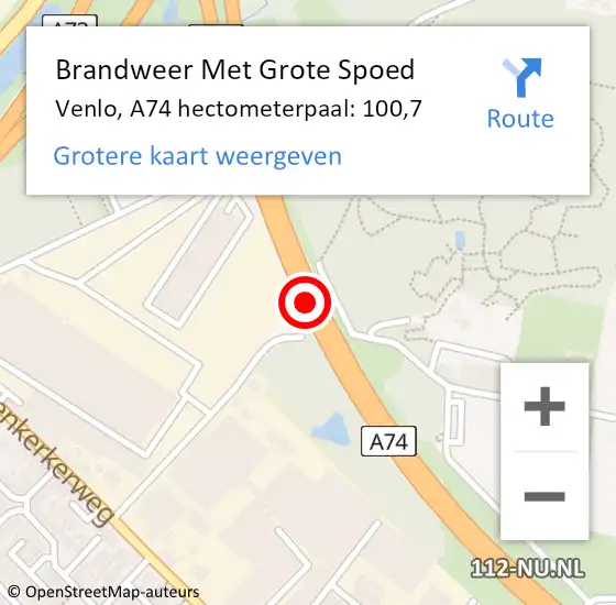 Locatie op kaart van de 112 melding: Brandweer Met Grote Spoed Naar Venlo, A74 hectometerpaal: 100,7 op 2 september 2022 17:45
