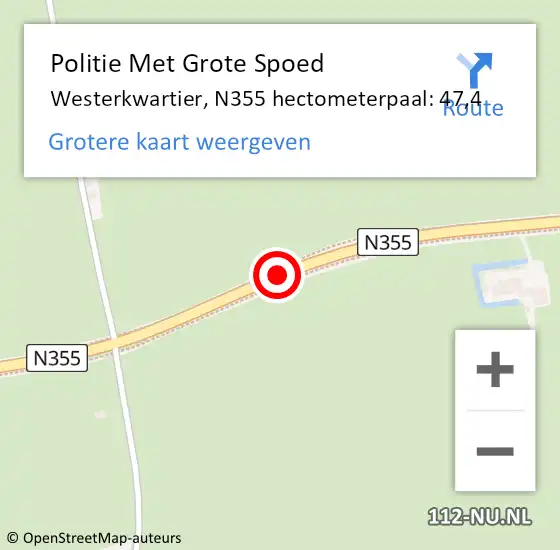 Locatie op kaart van de 112 melding: Politie Met Grote Spoed Naar Westerkwartier, N355 hectometerpaal: 47,4 op 12 oktober 2022 08:36