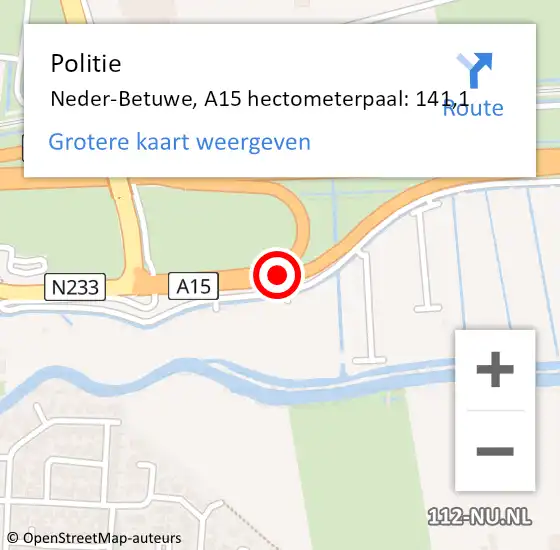 Locatie op kaart van de 112 melding: Politie Neder-Betuwe, A15 hectometerpaal: 141,1 op 25 oktober 2022 23:21