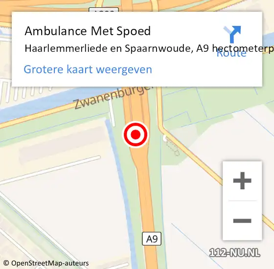 Locatie op kaart van de 112 melding: Ambulance Met Spoed Naar Haarlemmerliede en Spaarnwoude, A9 hectometerpaal: 42,5 op 2 november 2022 17:50