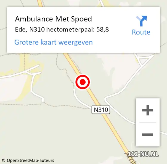 Locatie op kaart van de 112 melding: Ambulance Met Spoed Naar Ede, N310 hectometerpaal: 58,8 op 3 december 2022 02:48