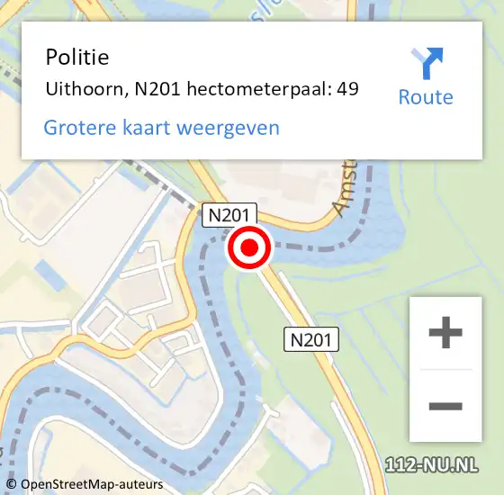 Locatie op kaart van de 112 melding: Politie Uithoorn, N201 hectometerpaal: 49 op 20 december 2022 11:45